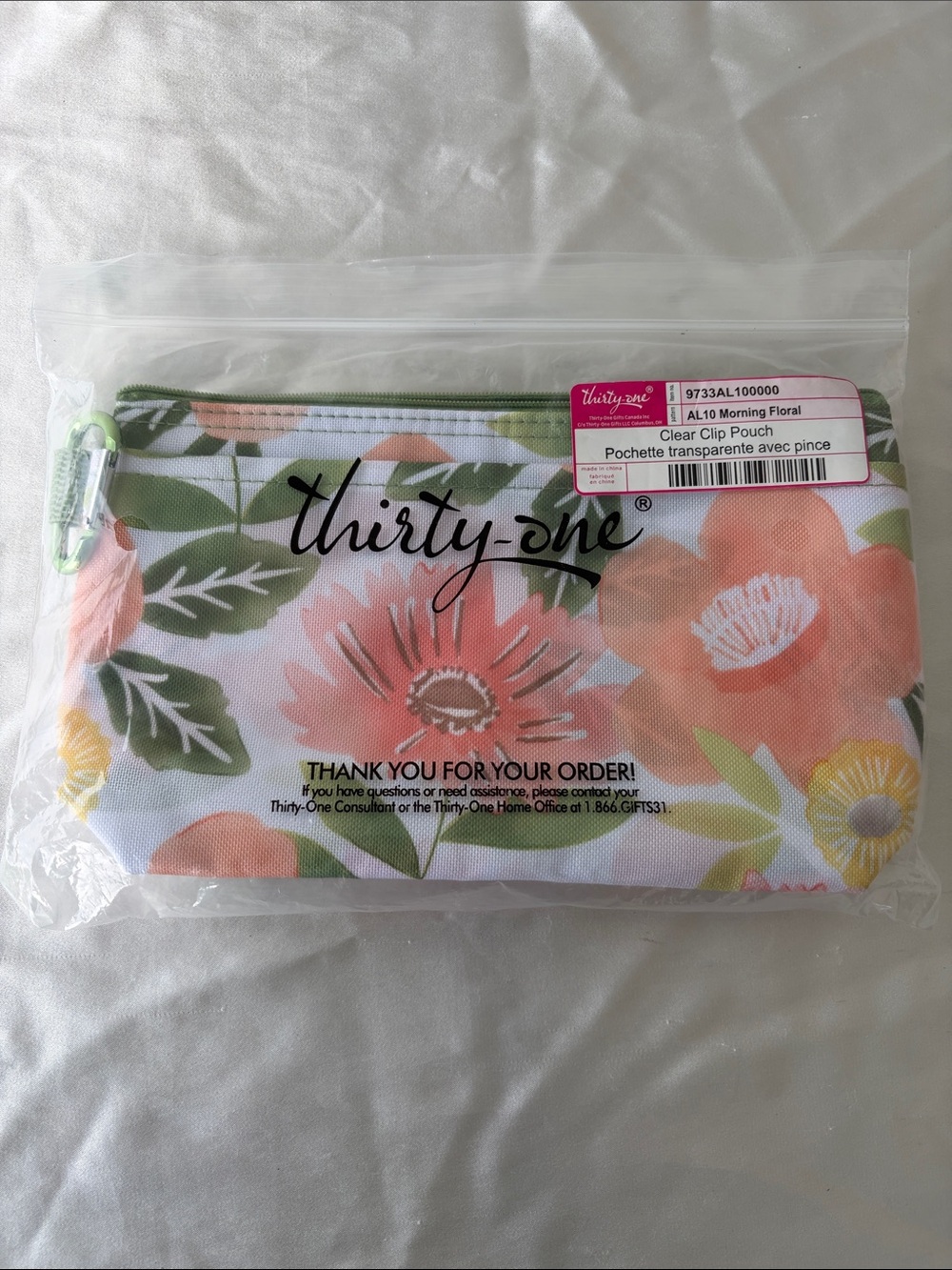 thirty-one Morning Floral Clear Clip Pouch in Coral Pink and Sage Green